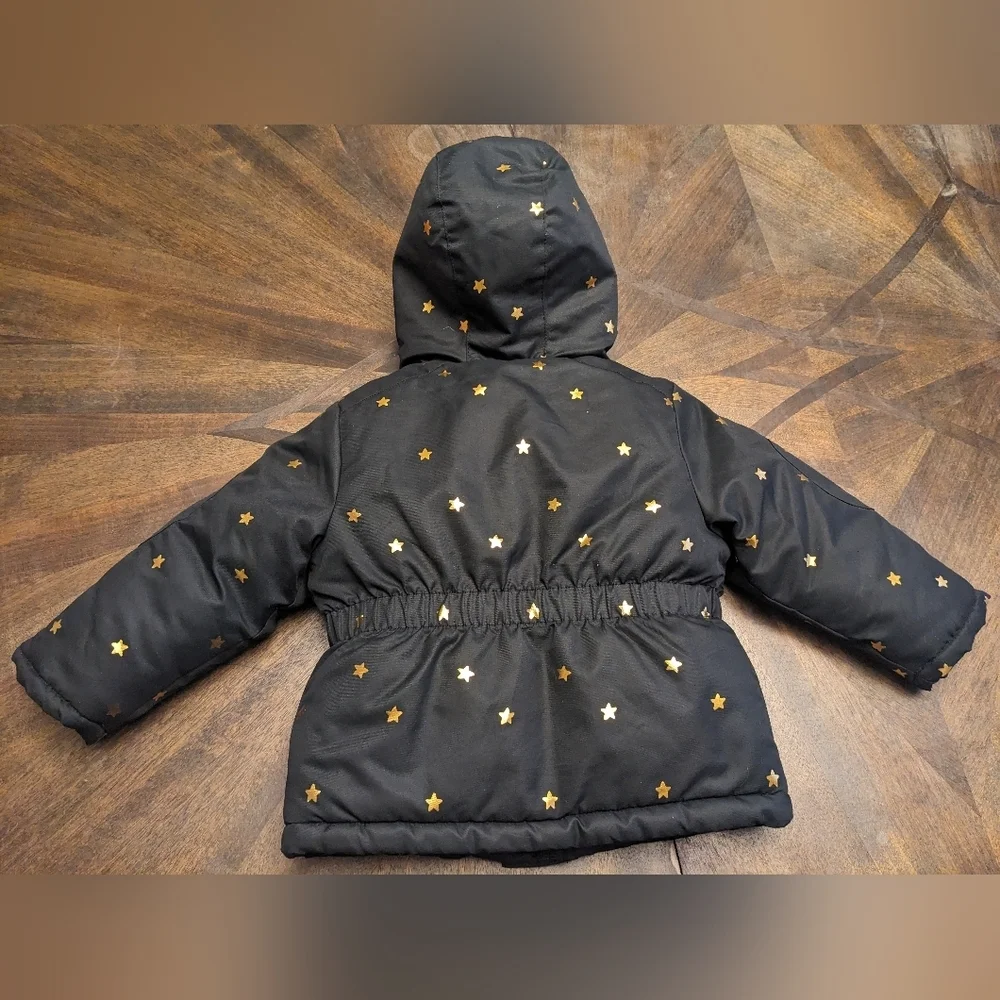Cat & Jack Toddler Girls Black Puffer Jacket Gold Star Print Lined Hood